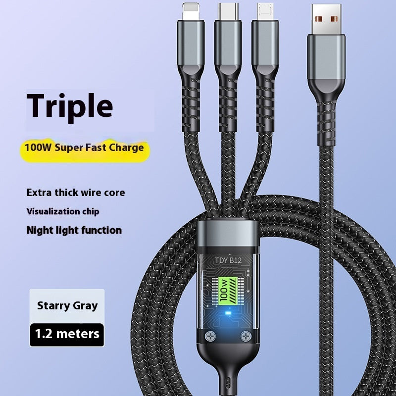 Mobile Phone Data Cable One-to-three Digital Display With Light Three-in-one Fast Charge Car Charging Cable