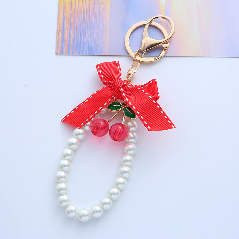 Woven Plaid Bow Strawberry Cherry Pearl Chain Keychain - Cute AirPods Case Pendant Bag Charm Accessory