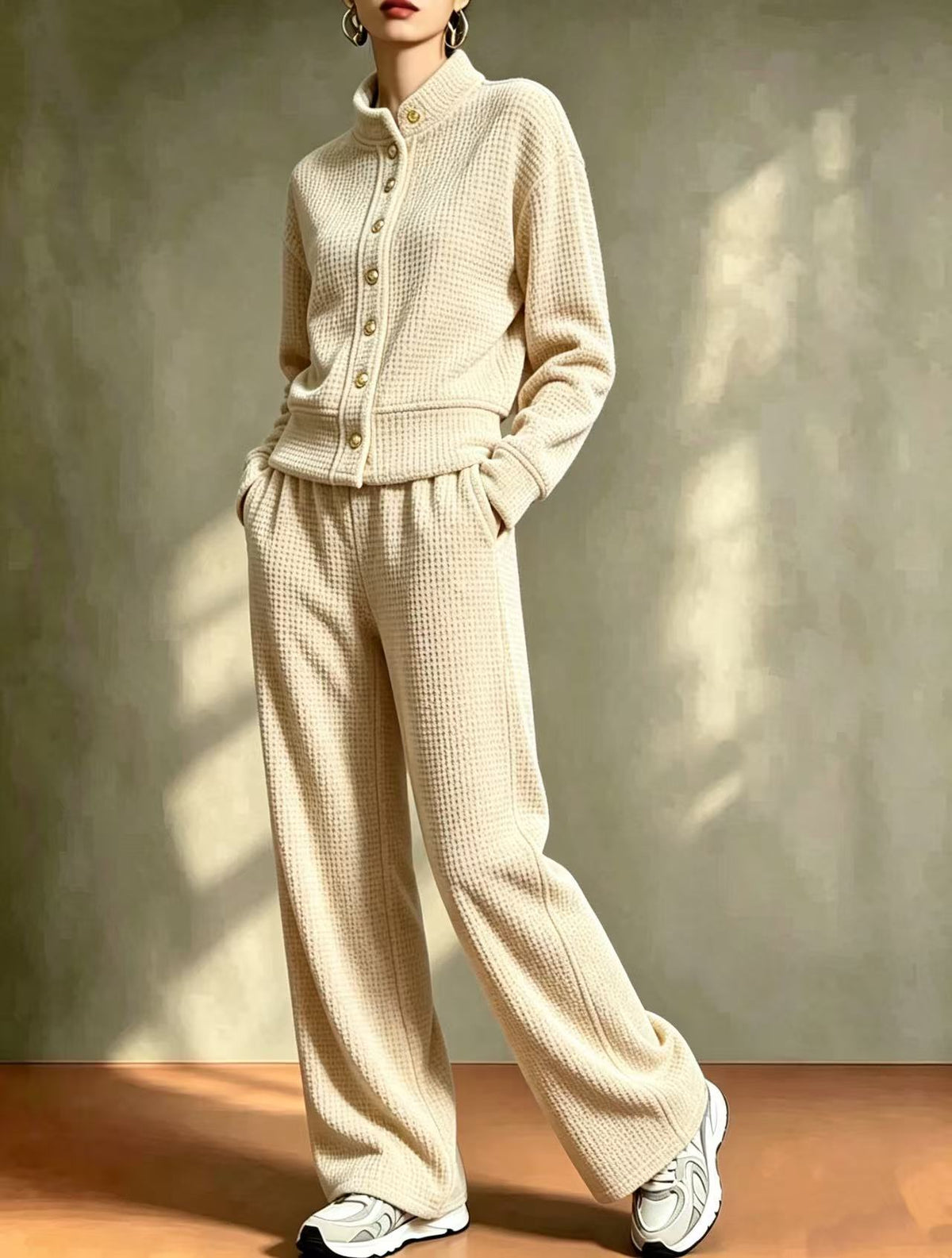 Women's Waffle Stand-Collar Cardigan & Wide-Leg Pants Set
