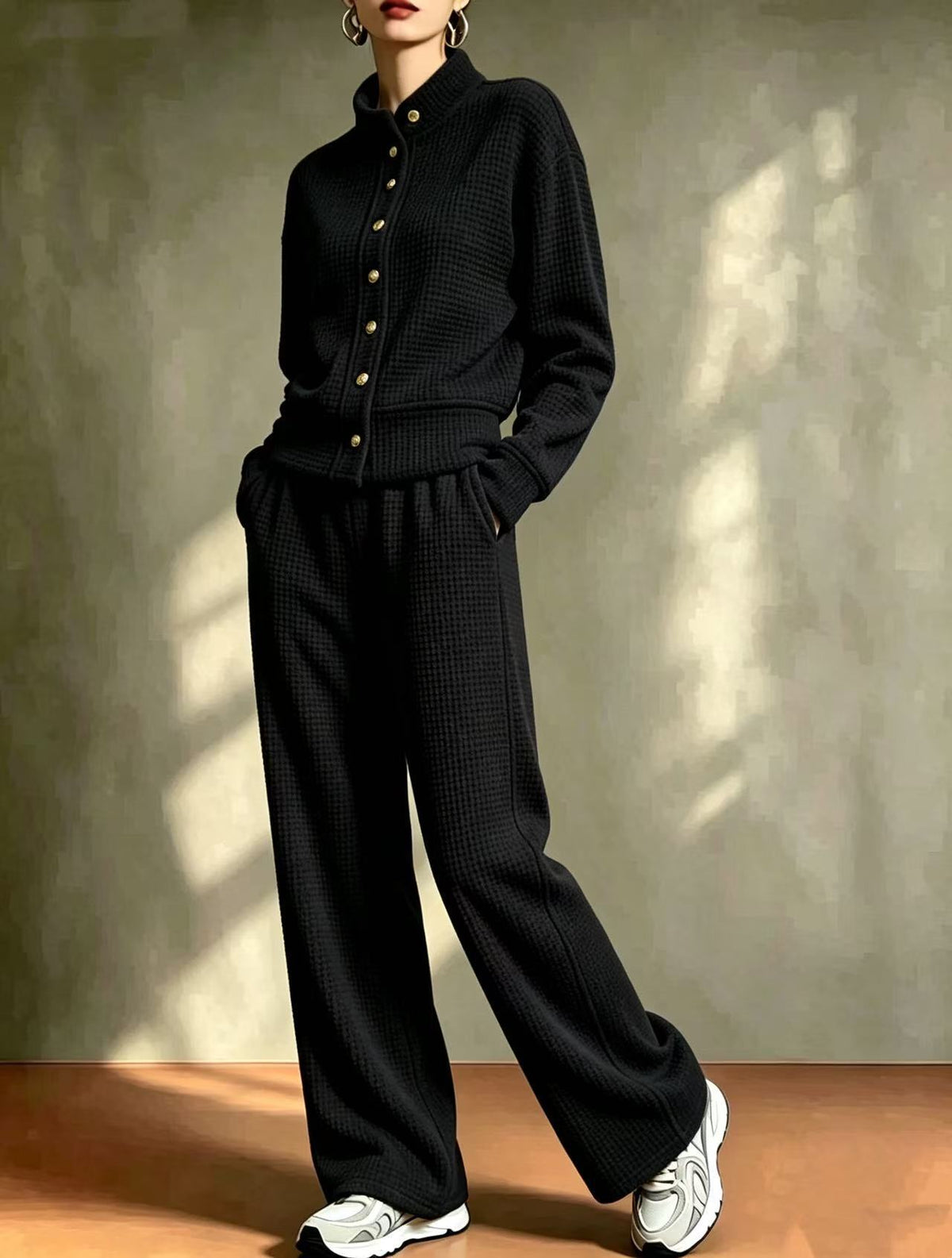 Women's Waffle Stand-Collar Cardigan & Wide-Leg Pants Set