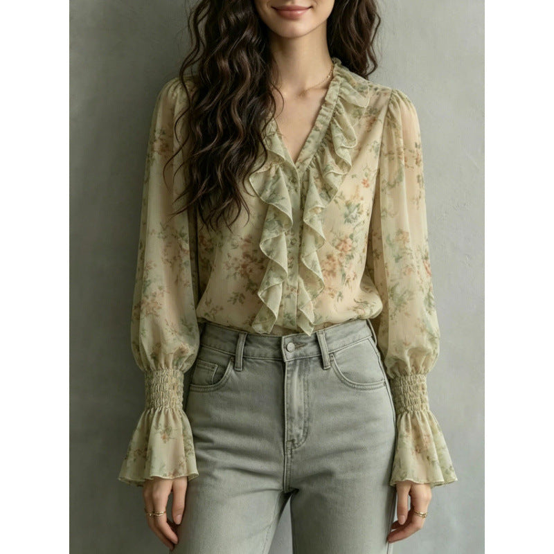 Early Autumn New Womens Ruffle-Trim V-Neck Printed Top