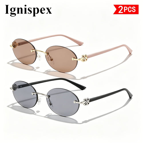 2 Pcs Rimless Oval Sunglasses For Women Uv400 Protective Gradient Lens Eyewear Delicate Flower Metal Decor Wooden Texture Temple Suitable For Beach Travel Party And Daily Fashion Matching.