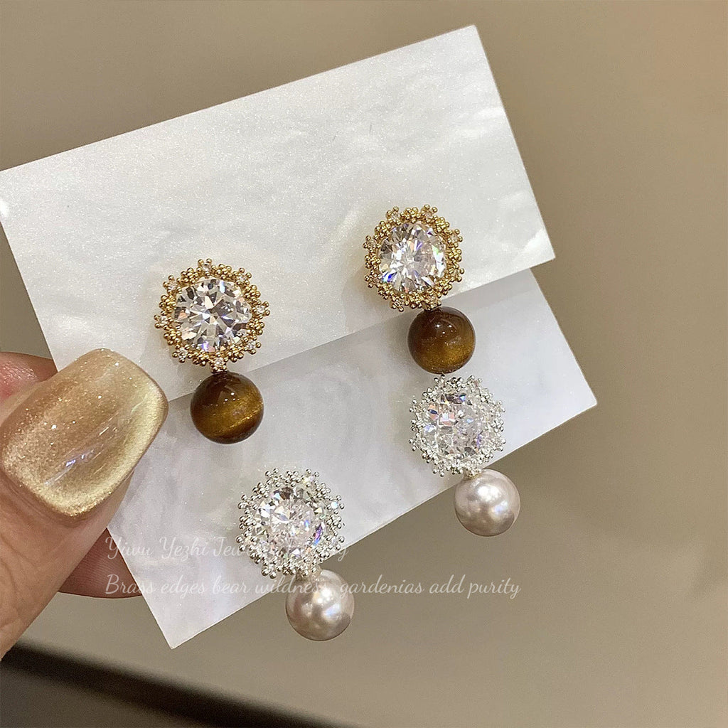 Melard Vintage Sunflower Diamond-studded Earrings, Tiger's Eye Stone And Pearl, Light Luxury, High-end, Versatile, Everyday Women's Earrings
