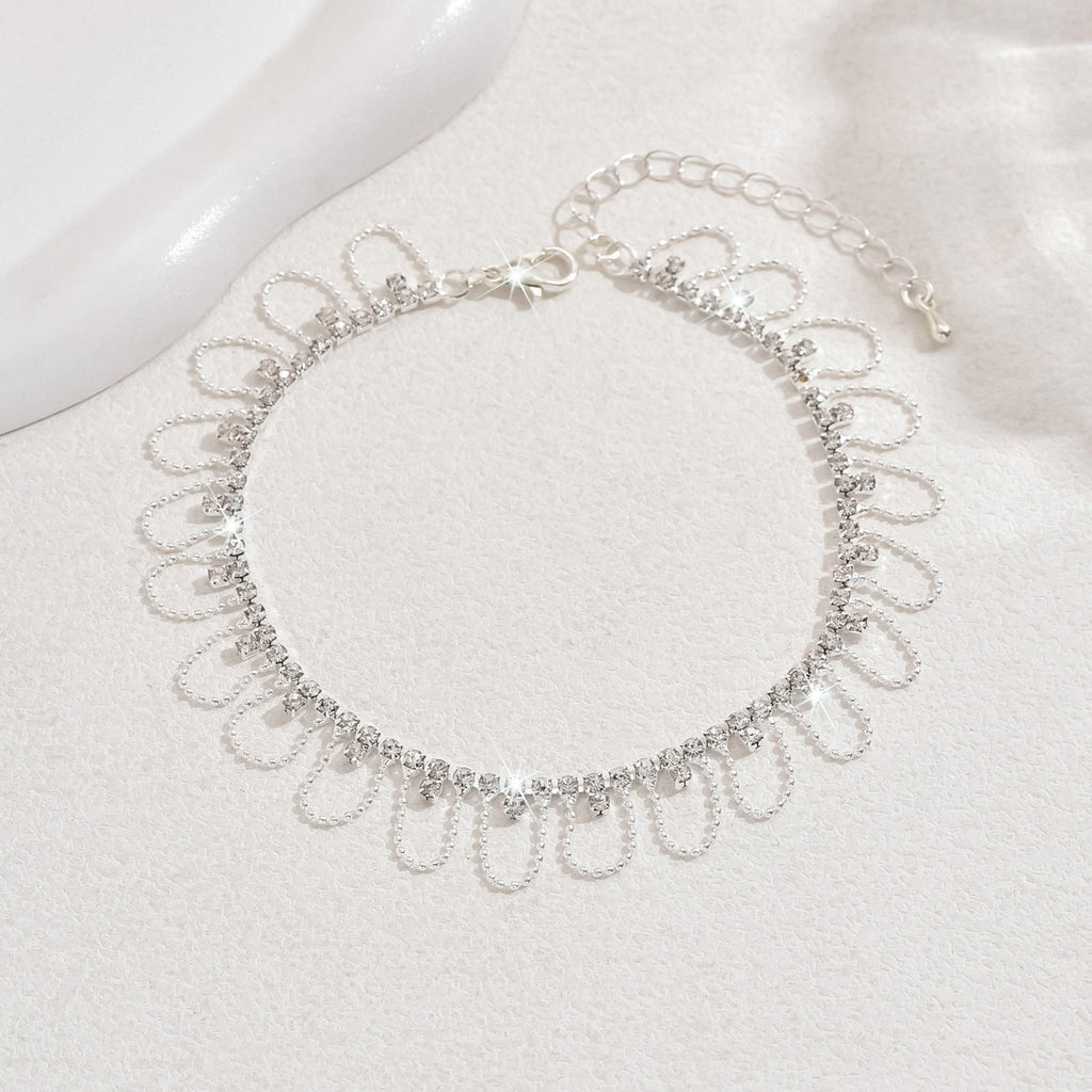 New Foreign Trade Style Sweet Round Bead Lace Anklet, Fashionable Women's Silver Rhinestone Geometric Anklet, Casual Vacation Style