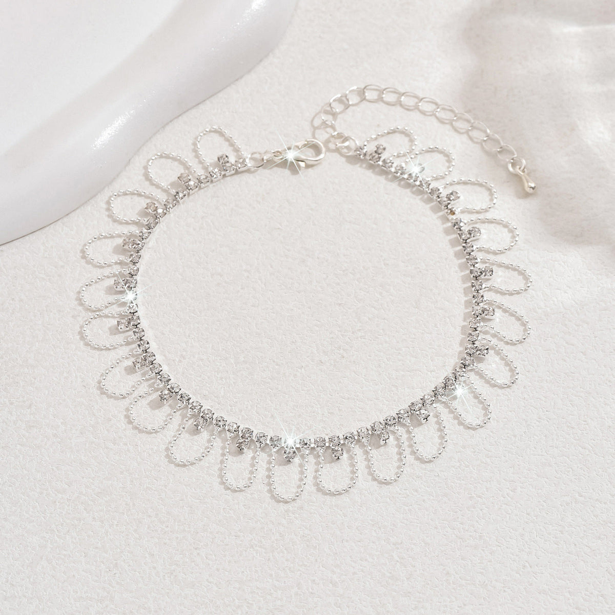 New Foreign Trade Style Sweet Round Bead Lace Anklet, Fashionable Women's Silver Rhinestone Geometric Anklet, Casual Vacation Style