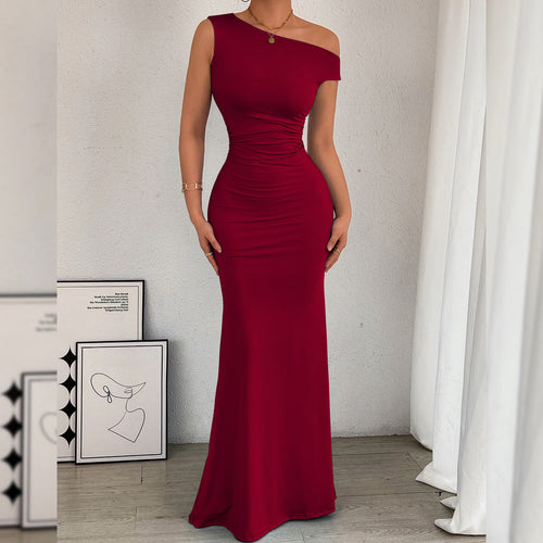 2026 European And American Cross-Border Women's Fishtail Dress, Amazon's Best-Selling One-Shoulder Neckline, Waist Pleated, Sleeveless Sexy Dress
