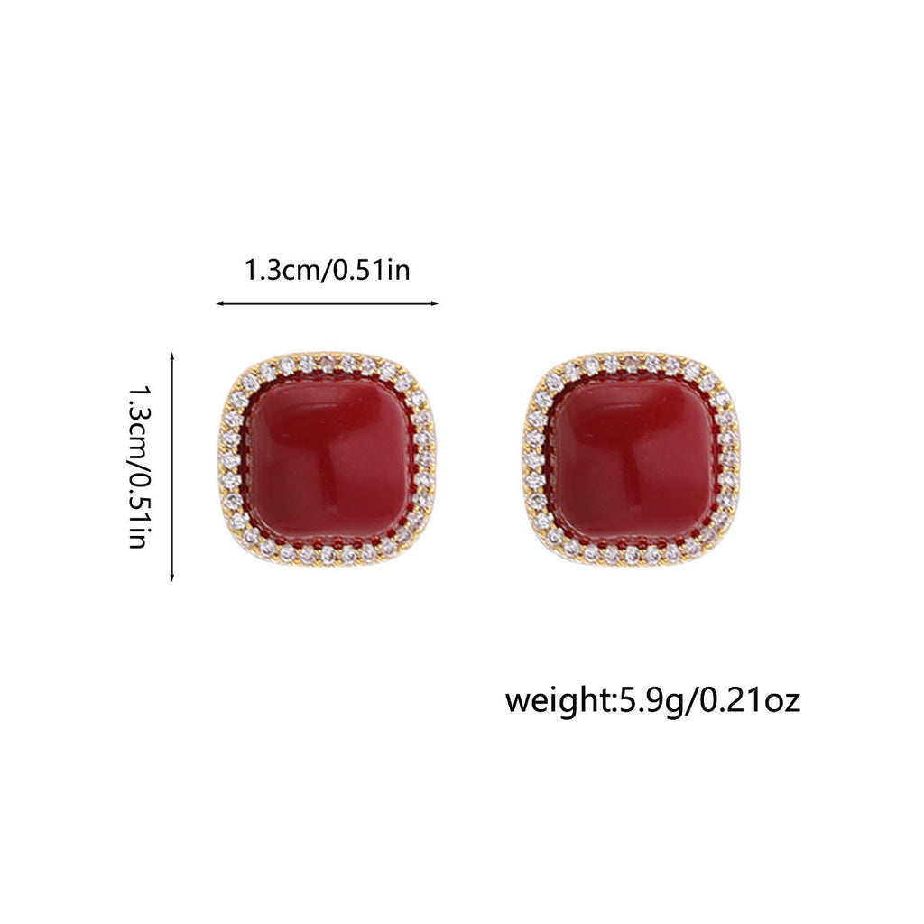 French Hong Kong Style Micro-Paved Zircon Ankora Red Square Pearl Earrings For Women, Exquisite, Compact And Versatile Earrings Wholesale