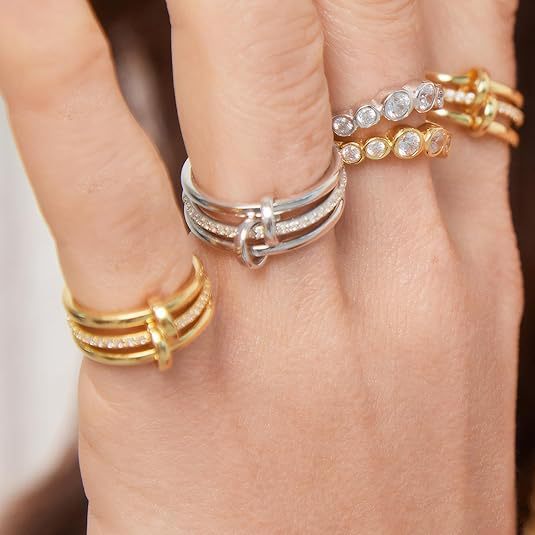 Stainless Steel Interlocking Fully Diamond-encrusted Three-ring Wave Ring