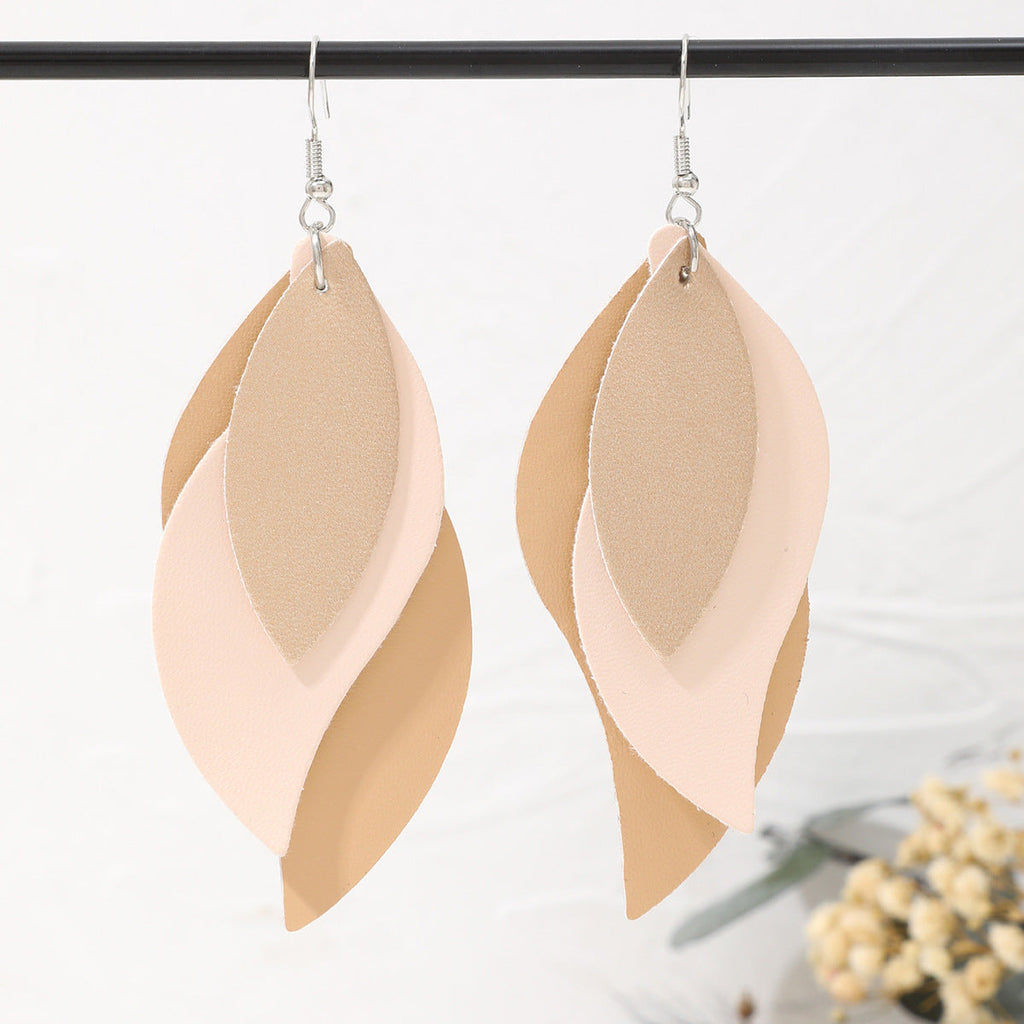 Three-layer Leaf Shape Leather PU Earrings