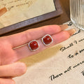 French Hong Kong Style Micro-Paved Zircon Ankora Red Square Pearl Earrings For Women, Exquisite, Compact And Versatile Earrings Wholesale