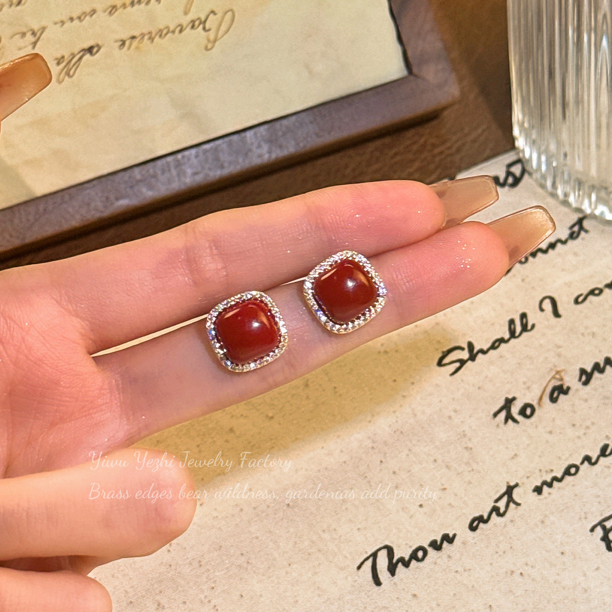 French Hong Kong Style Micro-Paved Zircon Ankora Red Square Pearl Earrings For Women, Exquisite, Compact And Versatile Earrings Wholesale