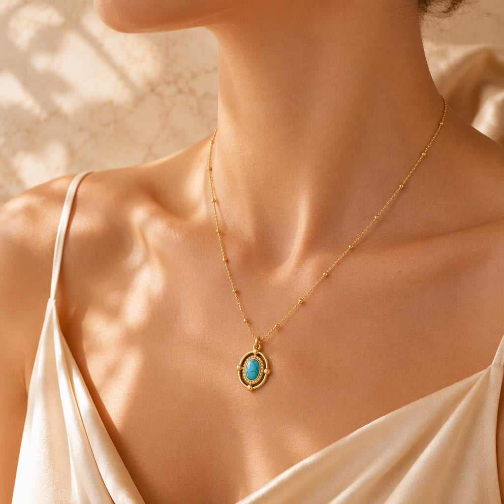 Gold Plated Stainless Steel Vintage Oval Gemstone Pendant Necklace For Women, Beaded Ball Chain Multi-color Stone Boho Statement Necklace Jewelry Gift