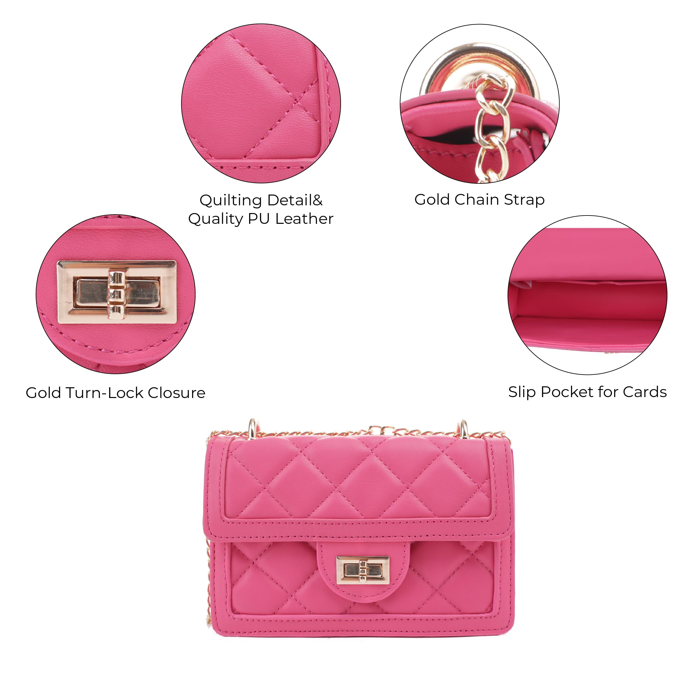 SG SUGU Small Quilted Crossbody Bag, Trendy Designer Shoulder Bag, Phone Wallet Purse for Women (Fuschia)