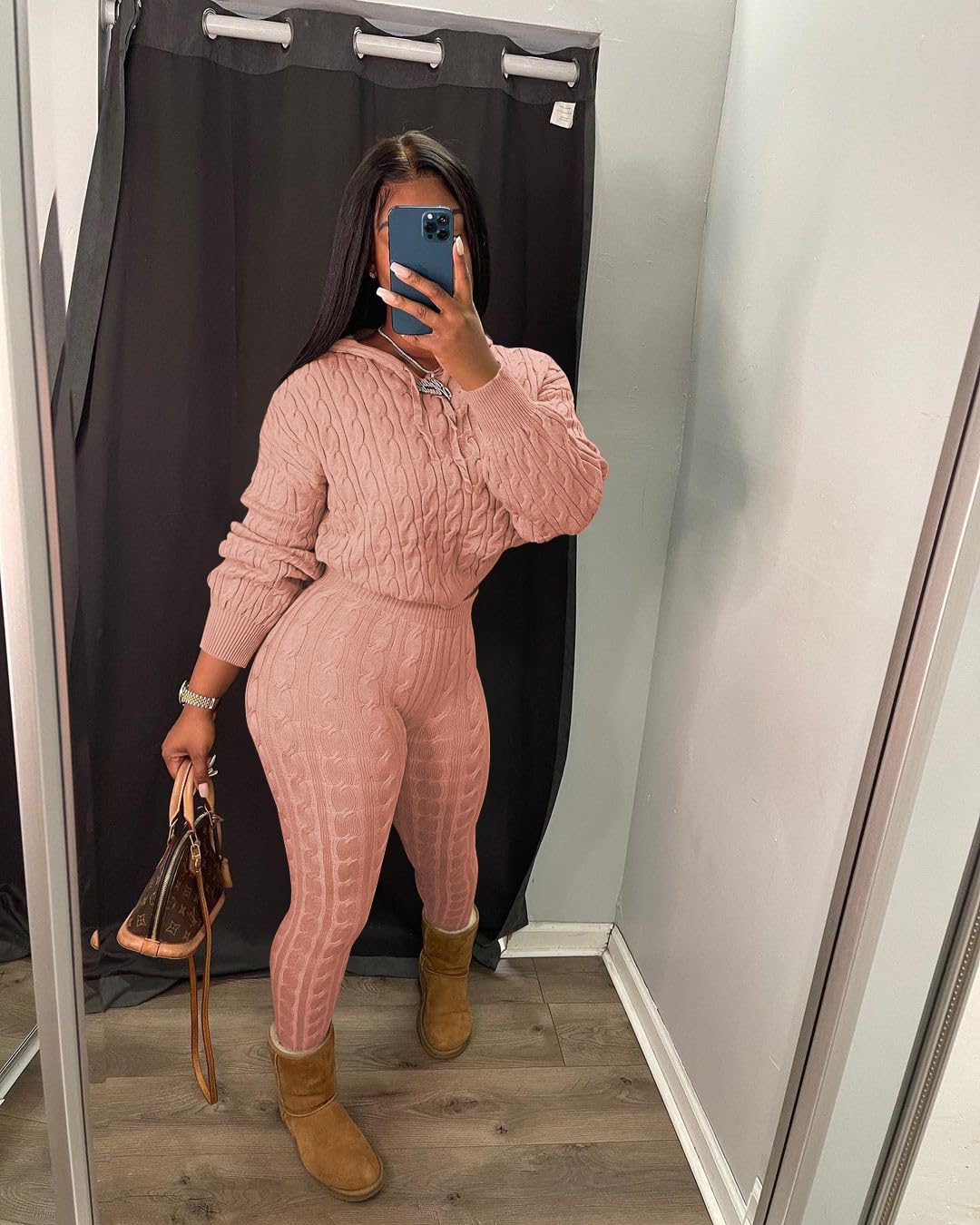 Nimsruc Knit Two Piece Outfits For Women Sweater Sets Long Sleeve Pullover Tracksuits Lounge Sweatsuits Hoodie Crochet Pants Sets Matching Clothing Pink M
