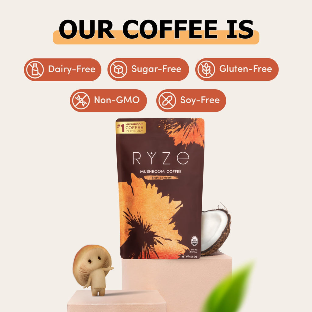 RYZE Organic Mushroom Coffee, Medium Roast, Adaptogenic Blend, 30 Servings