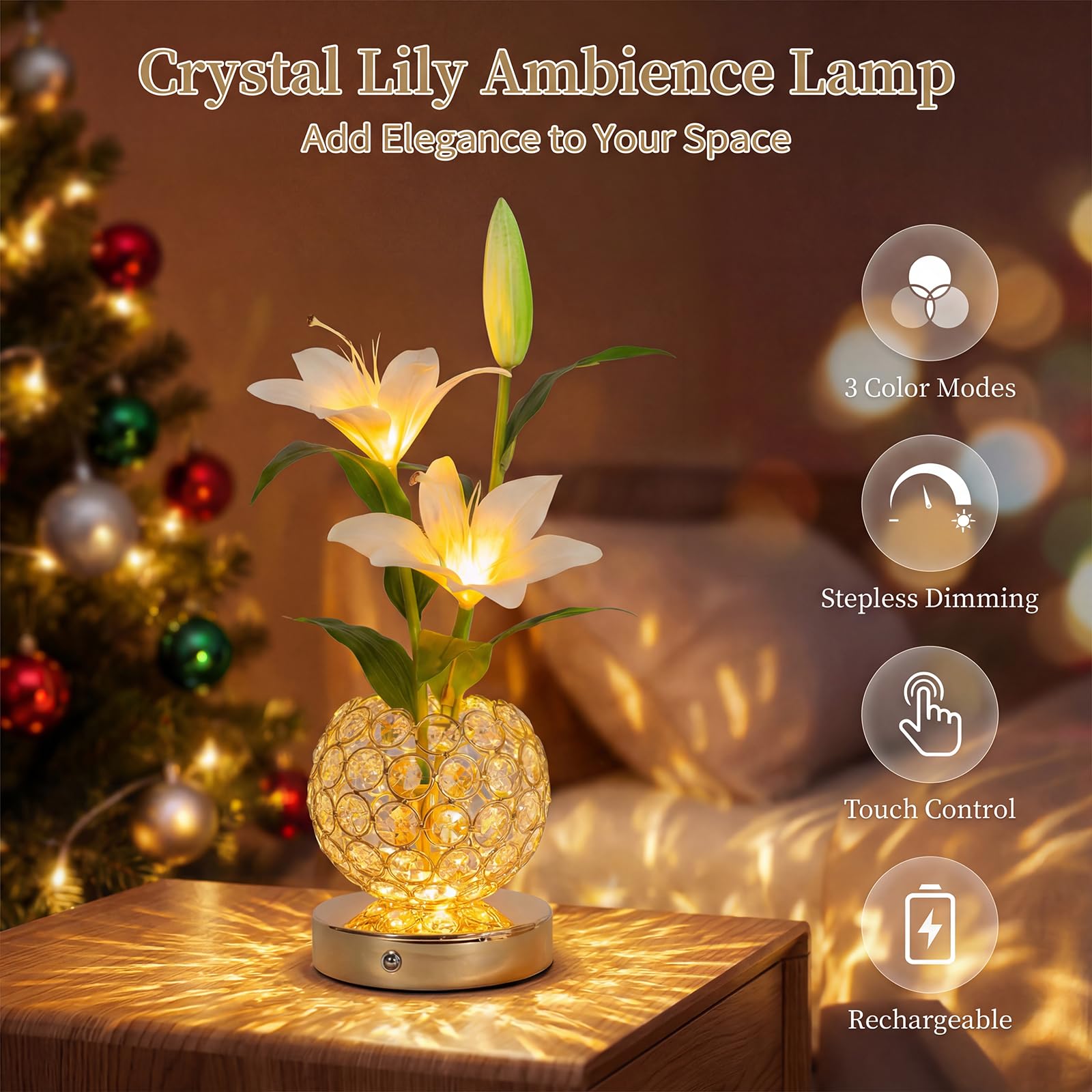 MMHF Stargazer Lily Crystal Table Lamp, Rechargeable Touch Flowers Lamp