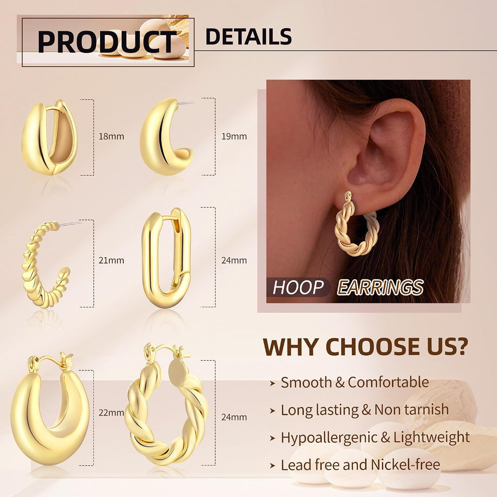 Six-Pair Stunner – 6 Pairs 14K Gold Plated Hoop Earrings