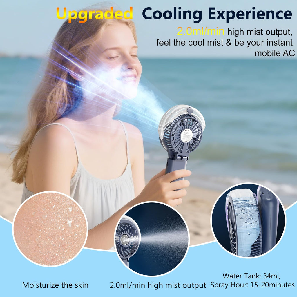 HandFan 5200mAh Upgraded Handheld Misting Fan, Portable Mister Fan Rechargeable, Spray Water Mist Fans, Electric Hand Cooling Ice Fans for Summer Beach Travel Concerts, Gifts for Women(Royal Blue)
