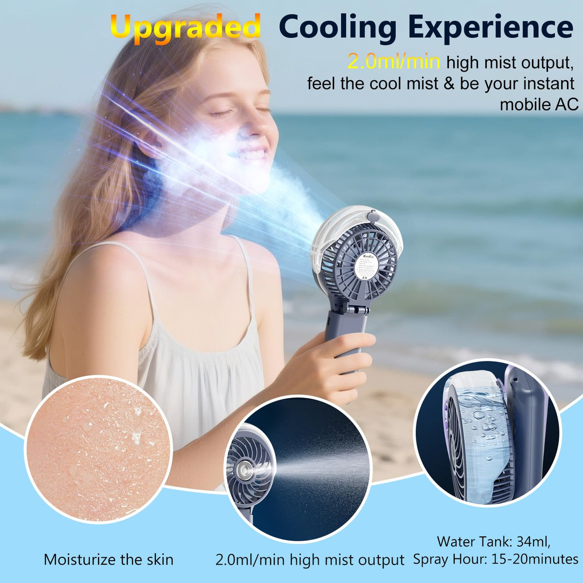 HandFan 5200mAh Upgraded Handheld Misting Fan, Portable Mister Fan Rechargeable, Spray Water Mist Fans, Electric Hand Cooling Ice Fans for Summer Beach Travel Concerts, Gifts for Women(Royal Blue)