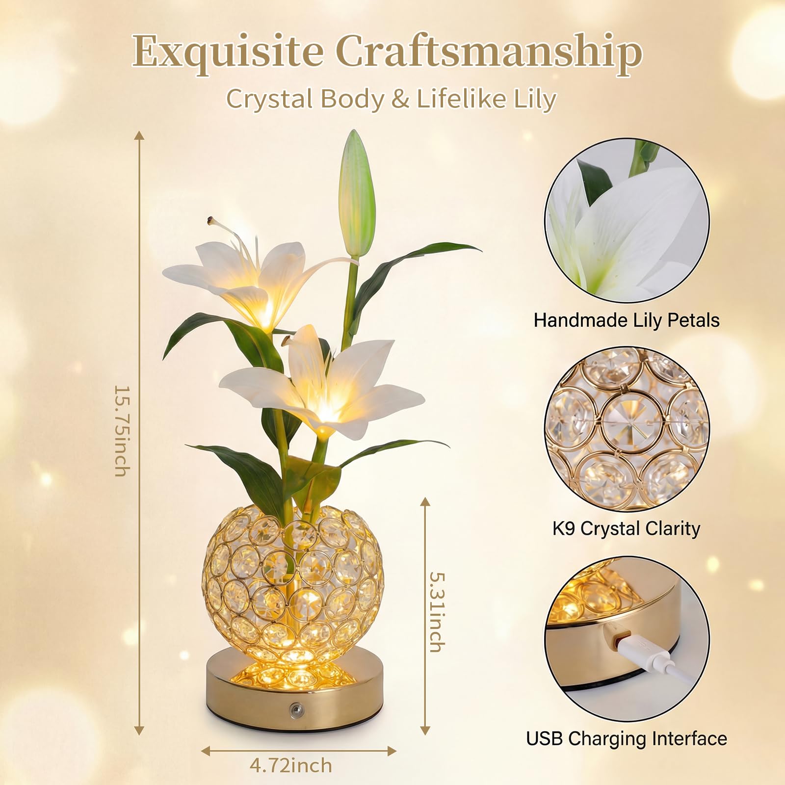 MMHF Stargazer Lily Crystal Table Lamp, Rechargeable Touch Flowers Lamp