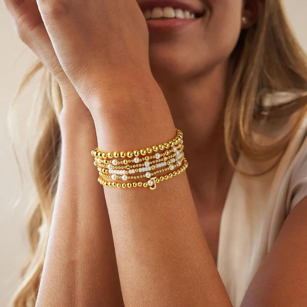 Initial Charms – 6-Piece Gold Beaded Bracelet Set