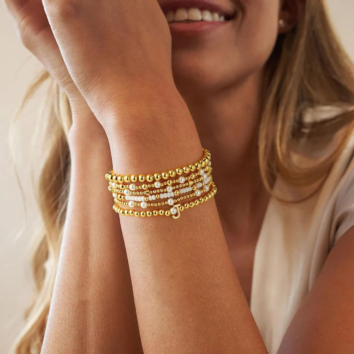 Initial Charms – 6-Piece Gold Beaded Bracelet Set