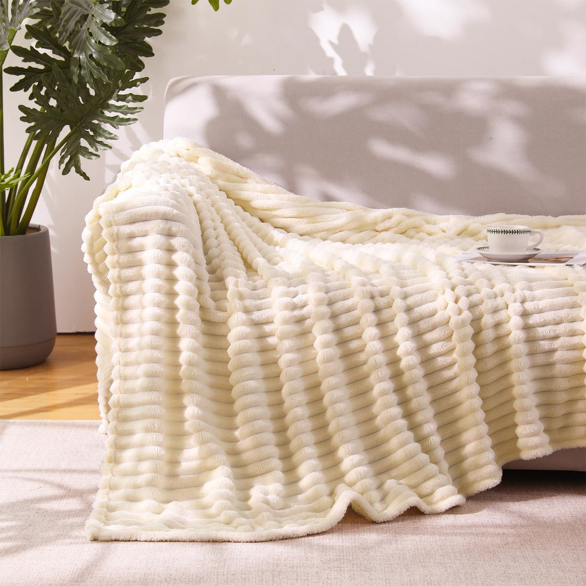 YIICKO Beige Throw Blanket for Couch Sofa 50”x60” Striped Design