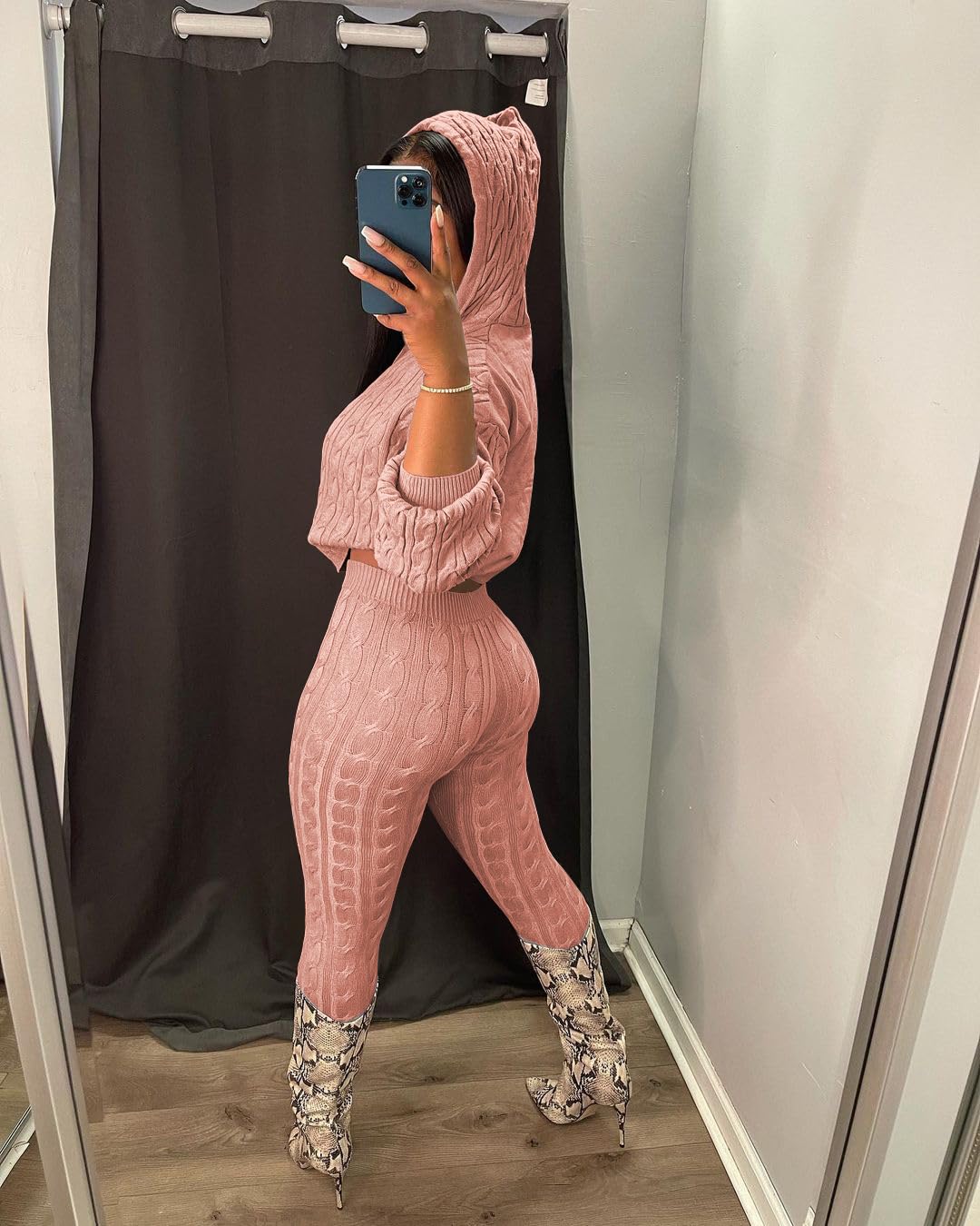 Nimsruc Knit Two Piece Outfits For Women Sweater Sets Long Sleeve Pullover Tracksuits Lounge Sweatsuits Hoodie Crochet Pants Sets Matching Clothing Pink M