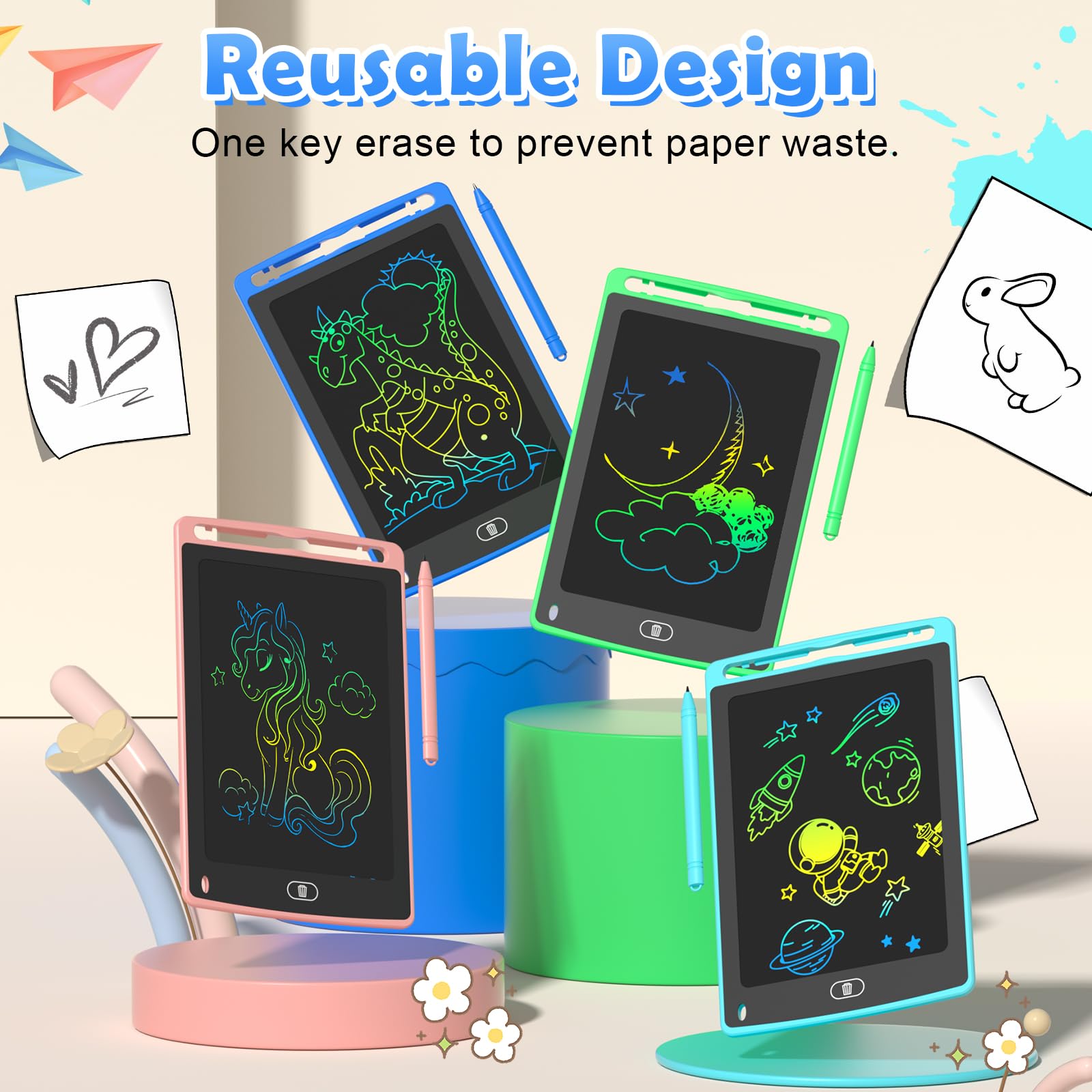 Doodle Away Colorful TQU 4-Pack LCD Writing Tablet for Kids, 8.5 Inch