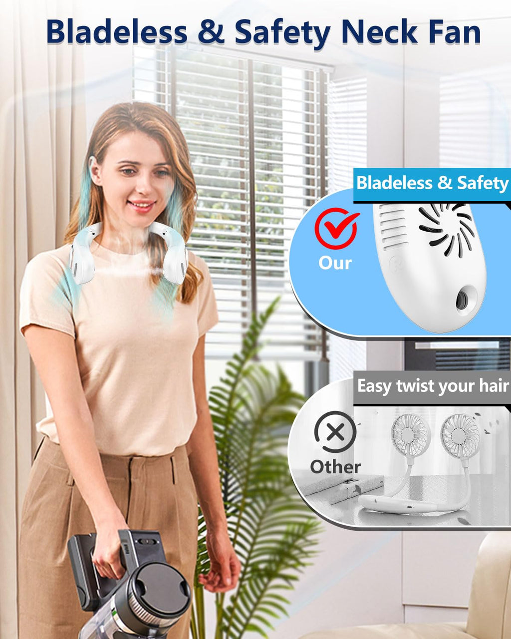 Portable Neck Fans with Mist, Rechargeable 4-9H Lasting Neck Cooling that Blow Cold Air, 5 Speeds & LED display, USB-C Bladeless Folding Personal Mister for Kid Adult Indoor Outdoors Sports, White