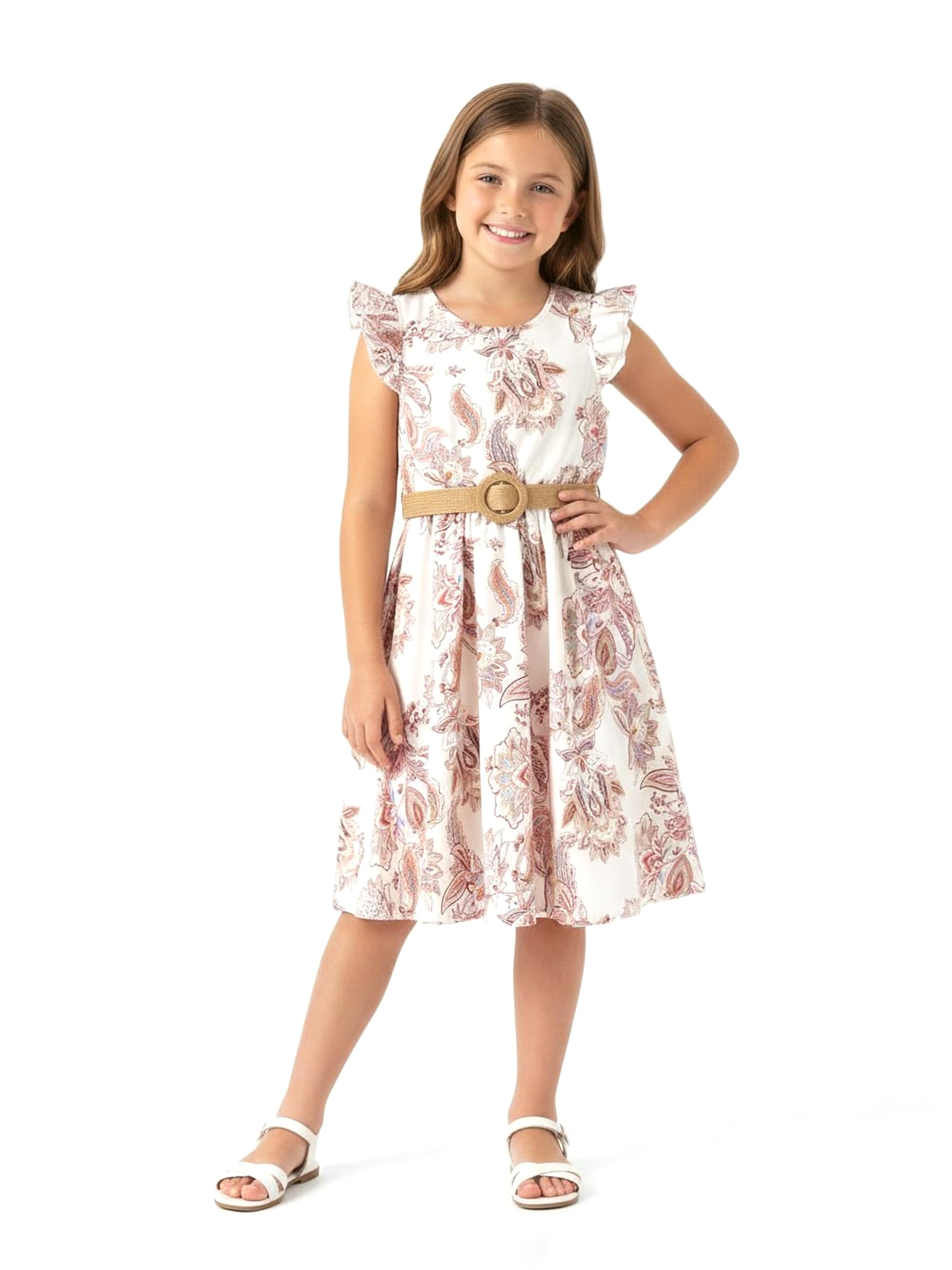 PATPAT Vestido bohemio floral con cinturón para niñas, manga con volantes, color albaricoque, 4-5 años