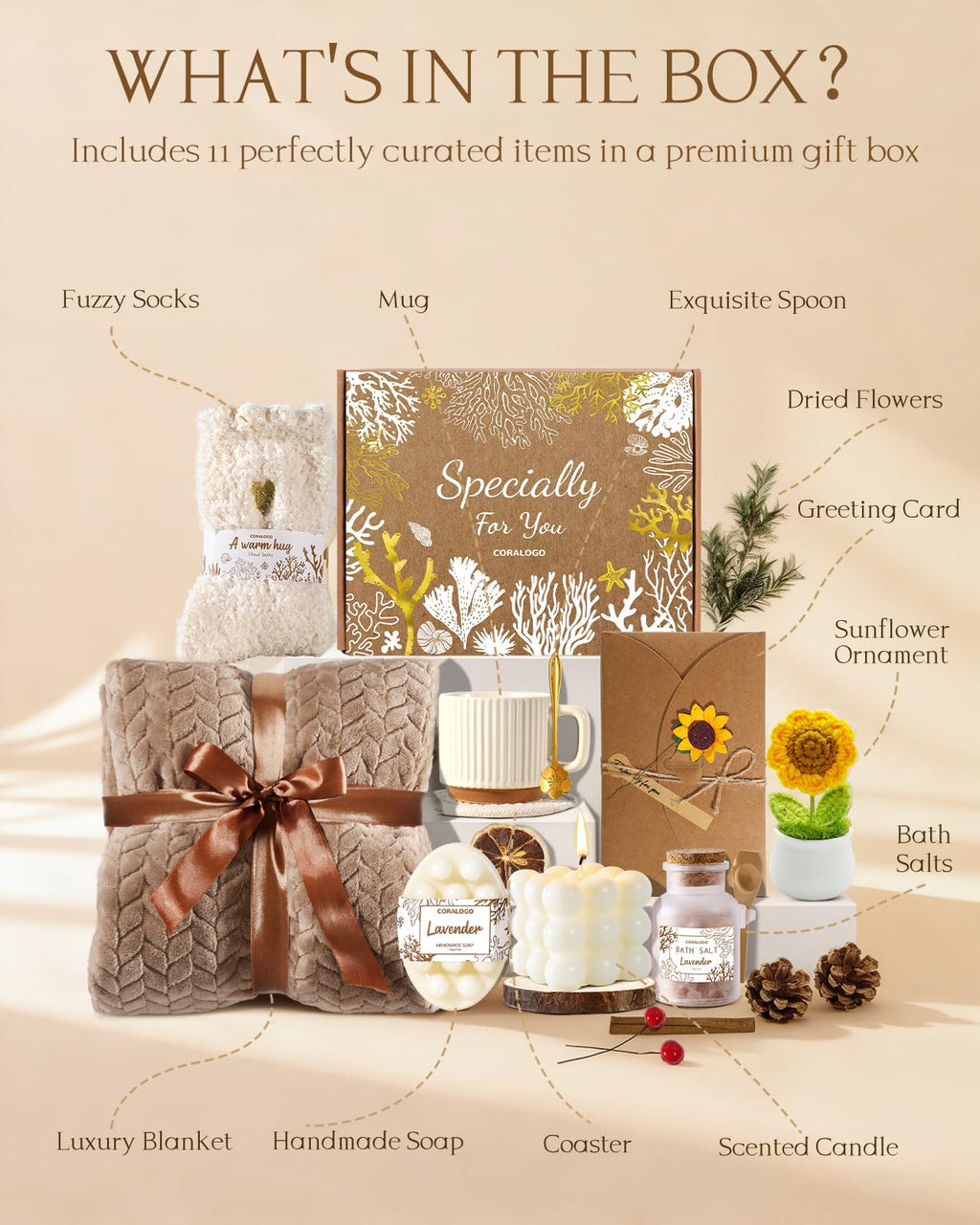 Coralogo 11pcs Spa Gift Baskets for Women, Sunflower Self Care Set, Brown