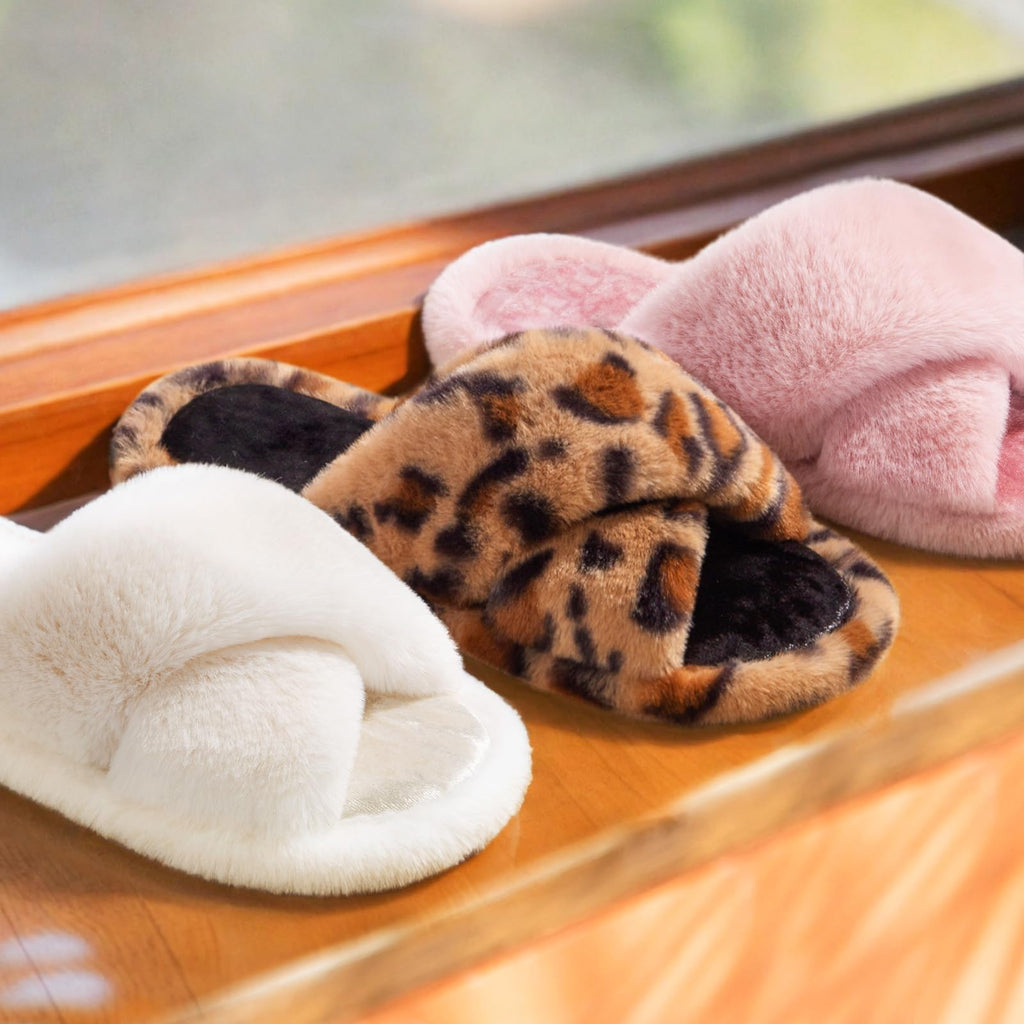 Snug Leaves Women's Fluffy Open Toe Slippers Cross Band Cheetah,5-6 US