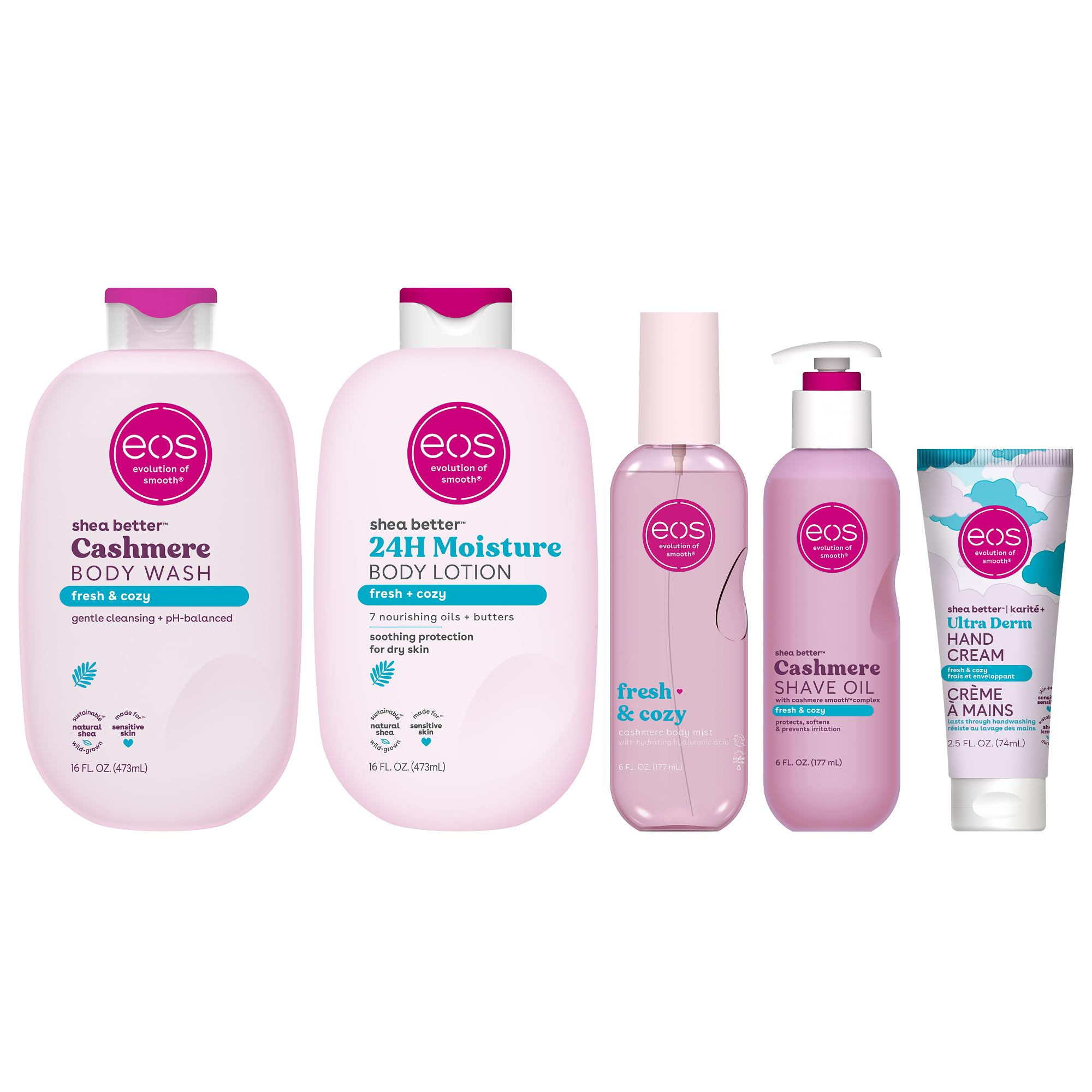 eos Fresh & Cozy Body Care Set - Body Lotion, Body Wash, Body Mist, Shave Oil, Hand Cream, 4-Piece Fragrance Layering Routine Bundle