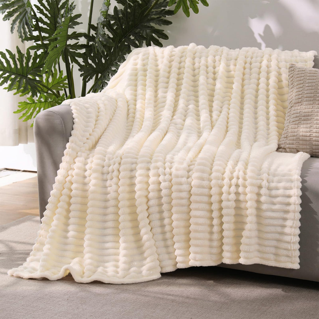 YIICKO Beige Throw Blanket for Couch Sofa 50”x60” Striped Design