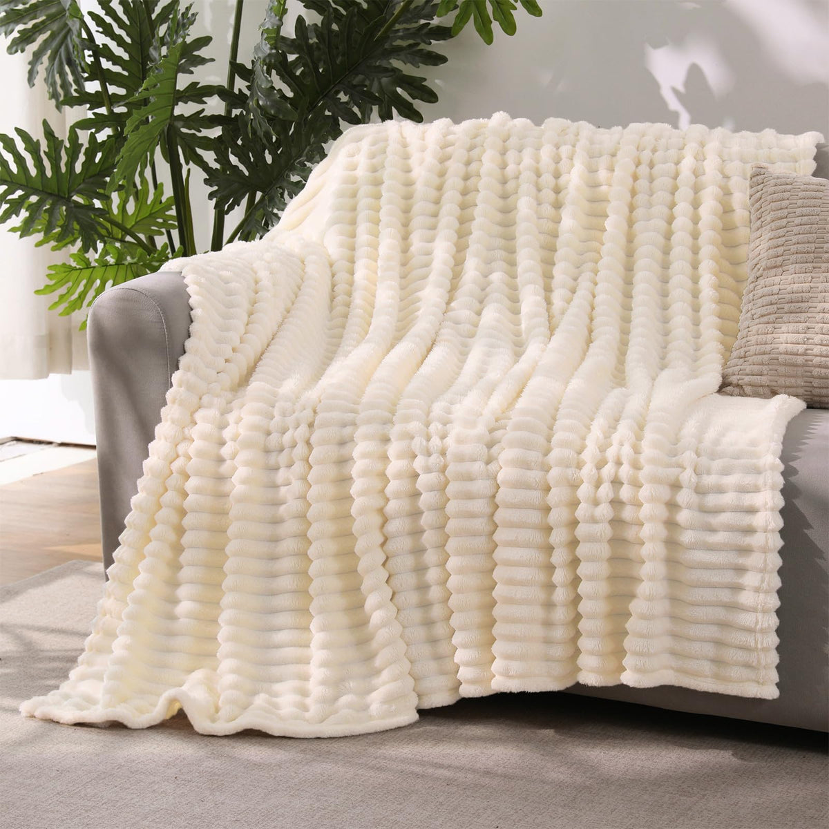 YIICKO Beige Throw Blanket for Couch Sofa 50”x60” Striped Design