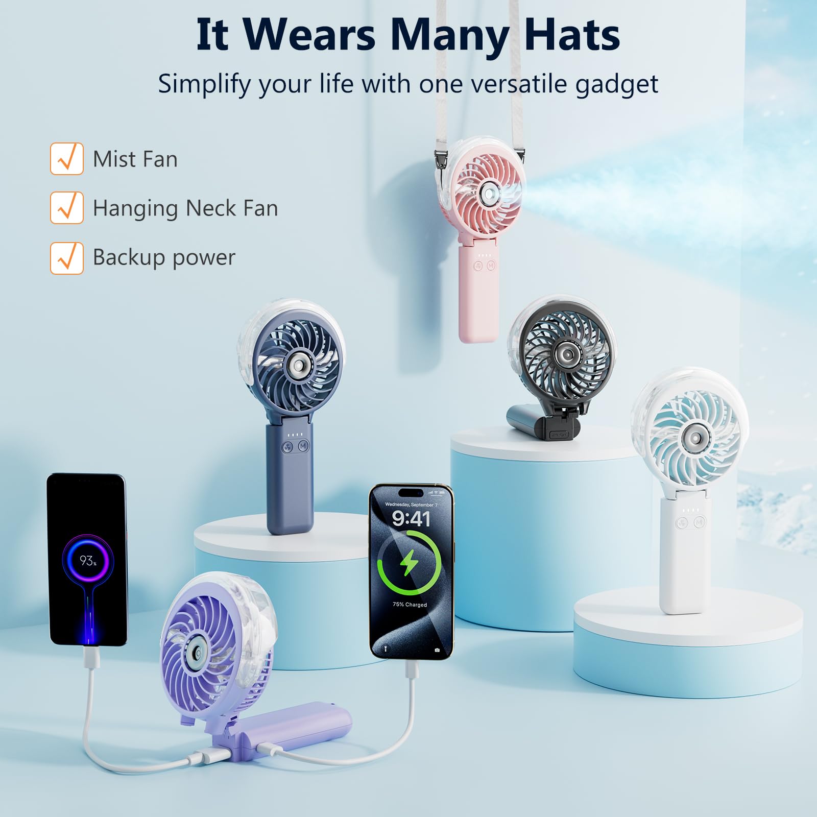 HandFan 5200mAh Upgraded Handheld Misting Fan, Portable Mister Fan Rechargeable, Spray Water Mist Fans, Electric Hand Cooling Ice Fans for Summer Beach Travel Concerts, Gifts for Women(Royal Blue)