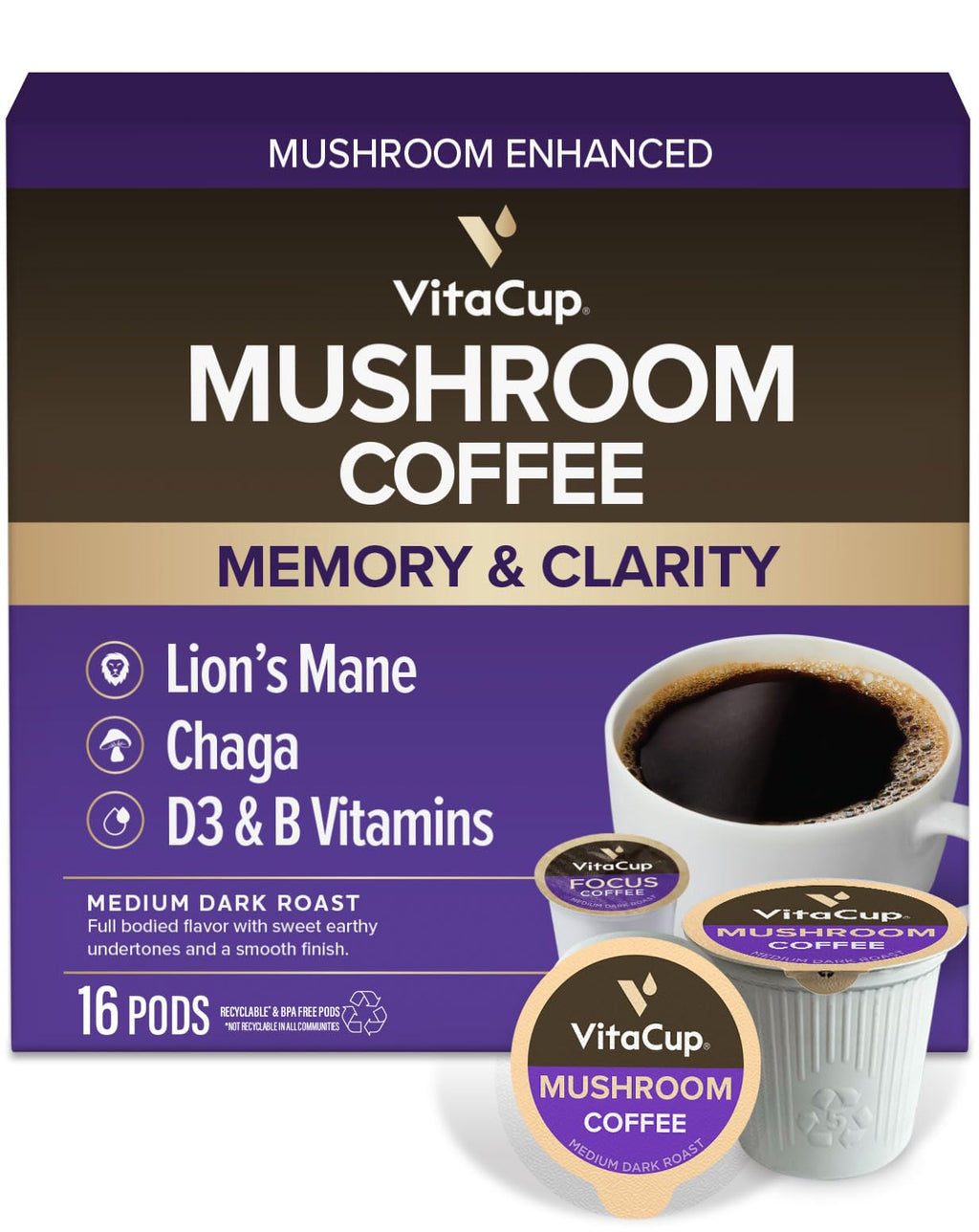 VitaCup Mushroom Coffee Pods, with Lions Mane for Memory & Clarity, 16ct
