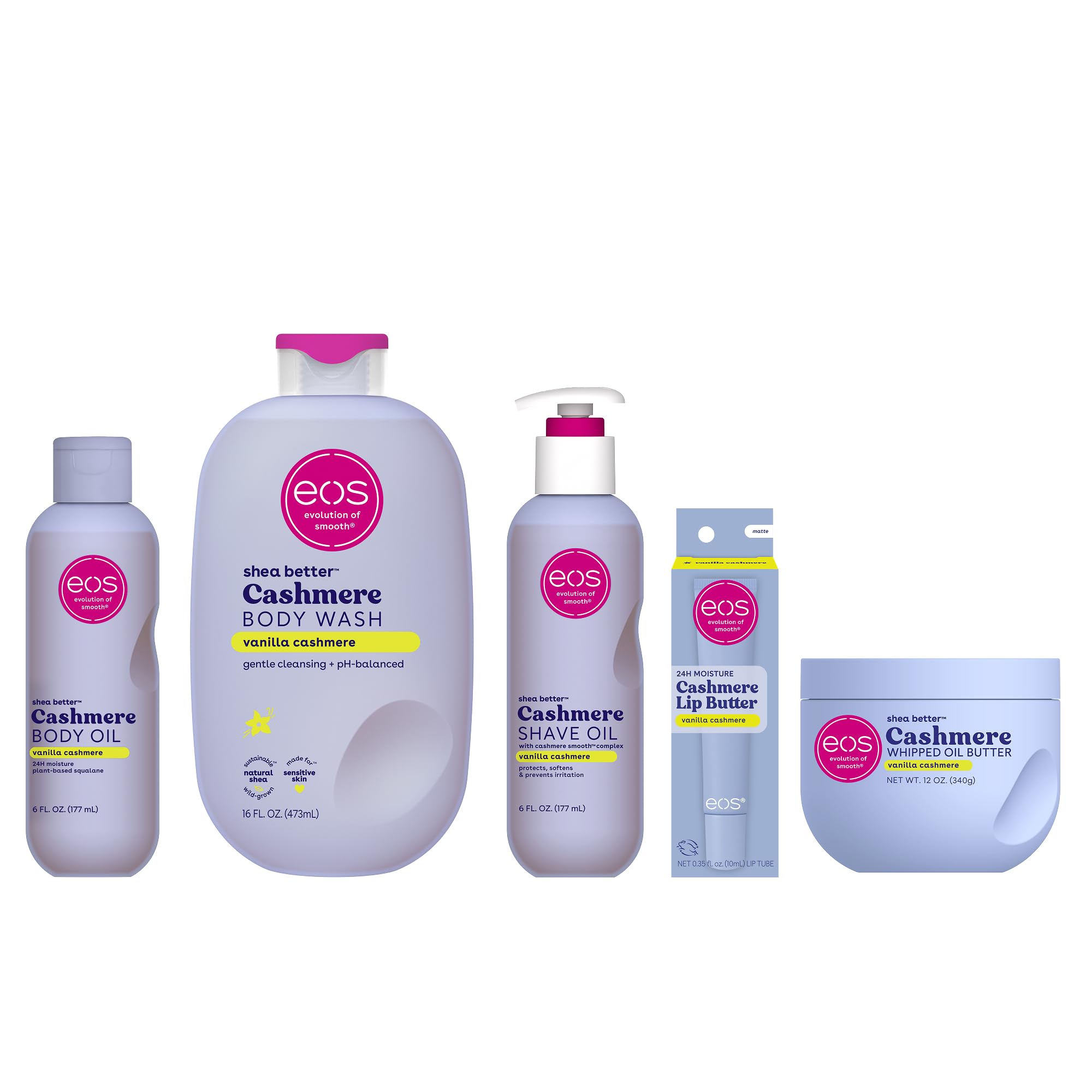 eos Vanilla Cashmere Bundle- Body Oil, Body Wash, Shave Oil, Whipped Body Butter, Lip Butter