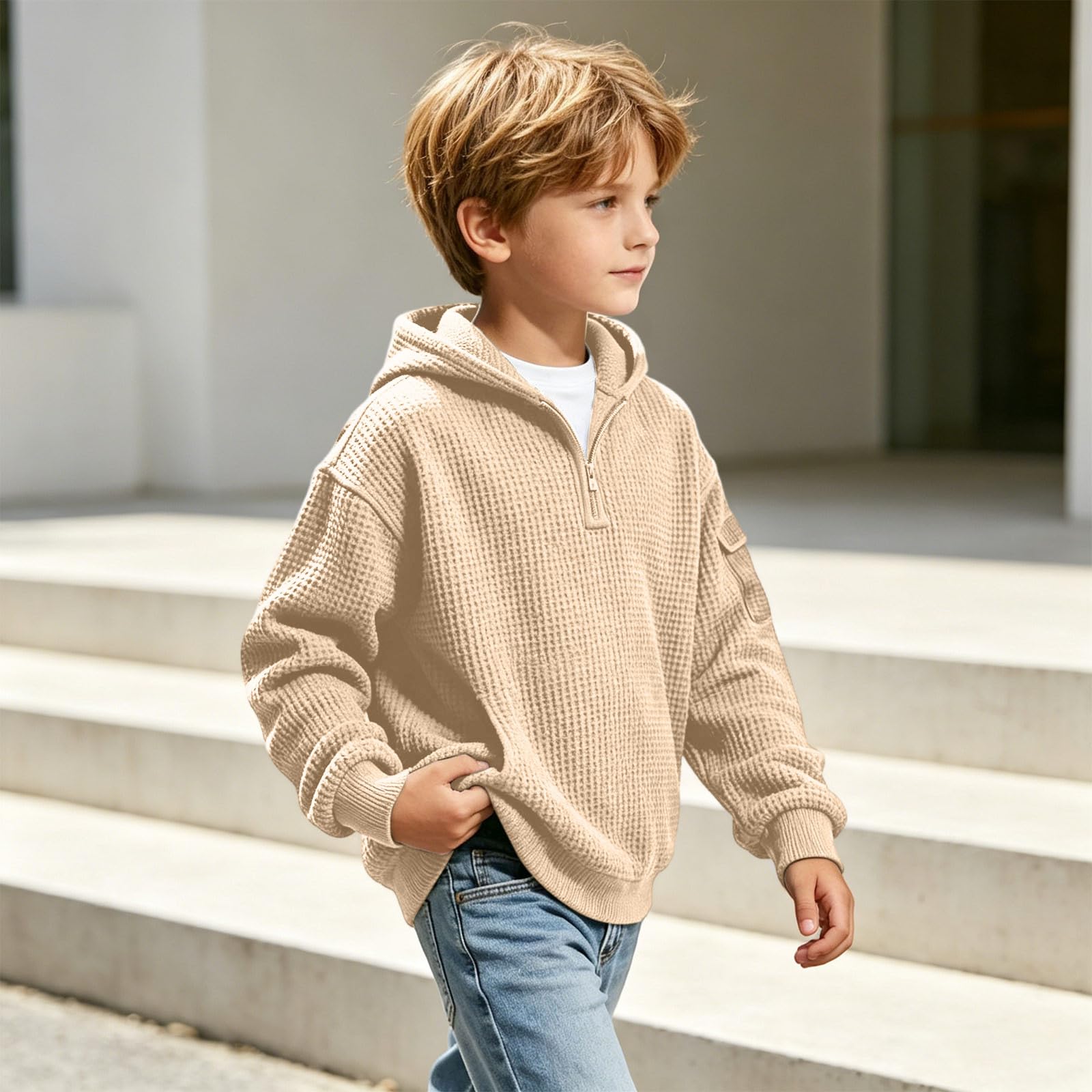 Sudadera con capucha de punto gofrado con cremallera corta para niño