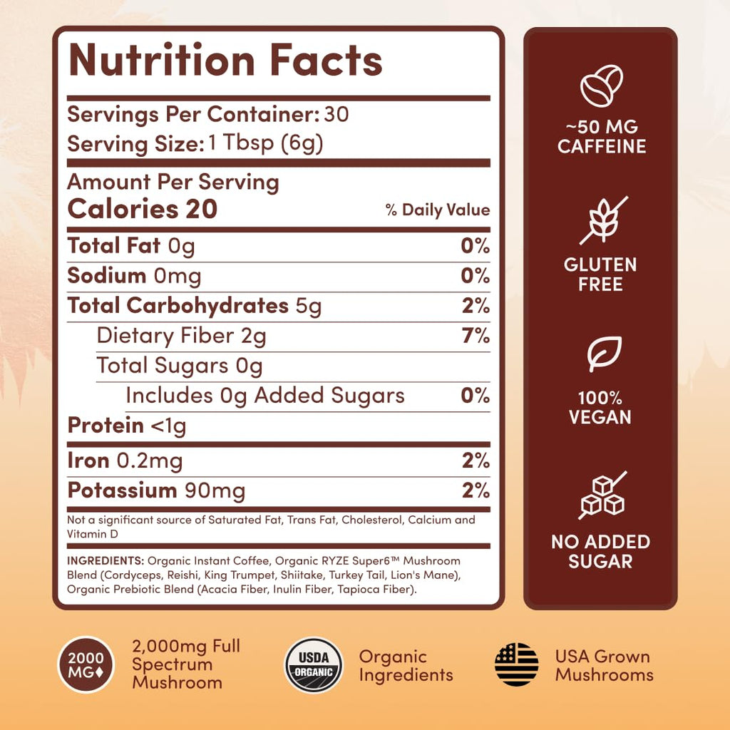 RYZE Organic Mushroom Coffee, Medium Roast, Adaptogenic Blend, 30 Servings
