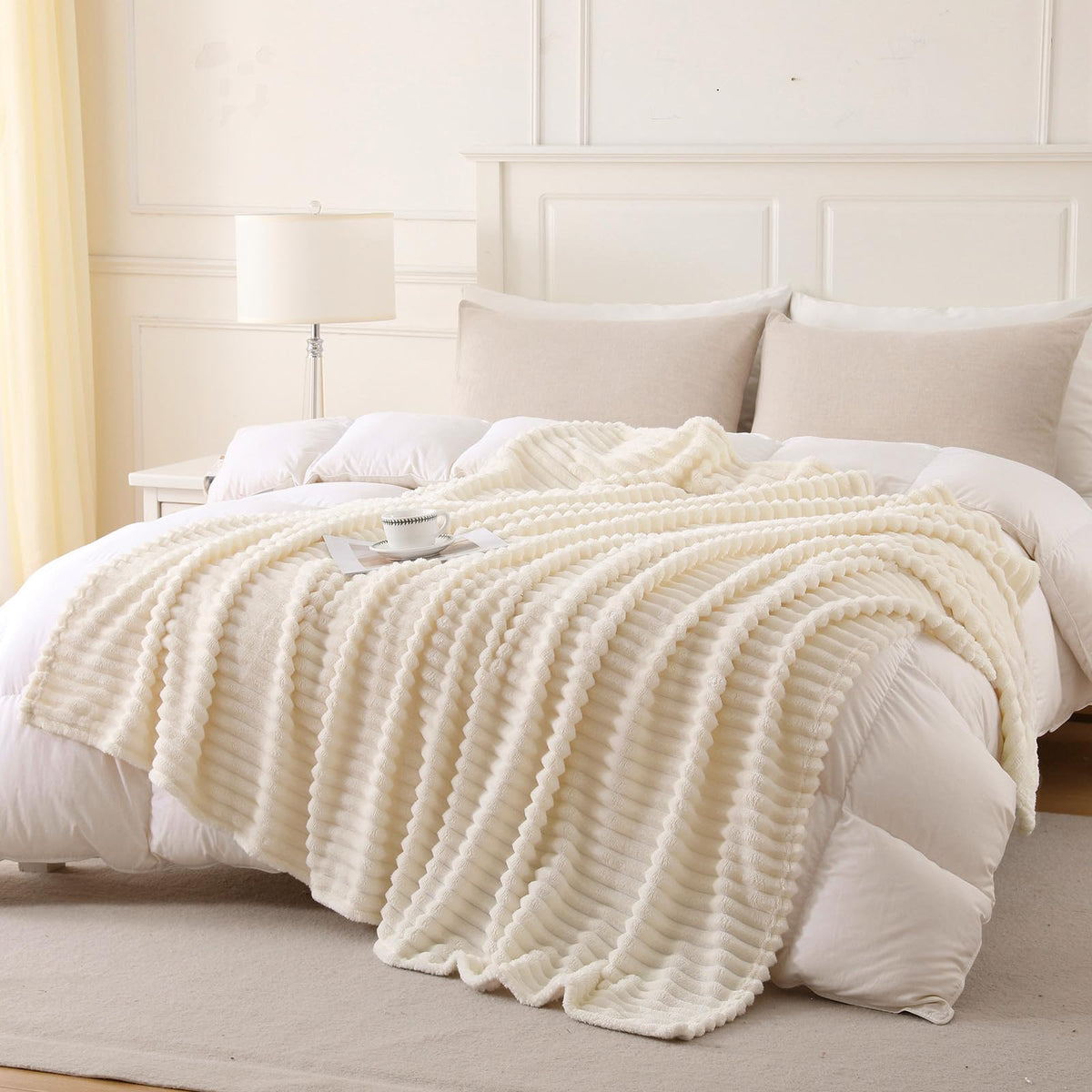 YIICKO Beige Throw Blanket for Couch Sofa 50”x60” Striped Design