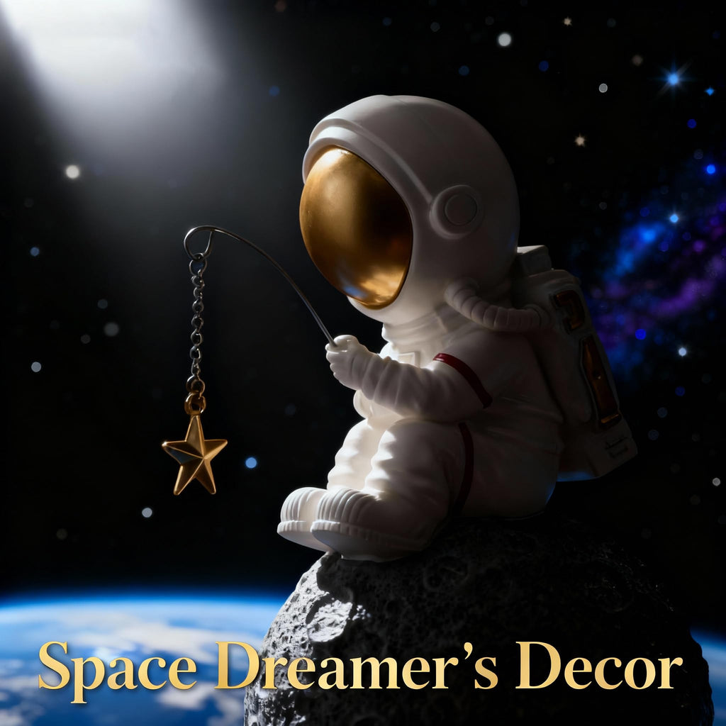 Room Decor- Astronaut Fishing Star on Moon Sculpture, Resin Space Figure for Modern Home/Office, Desk Decor for Men, Shelf Display, Unique Gift for Theme Enthusiasts and Collectors (Golden Star)