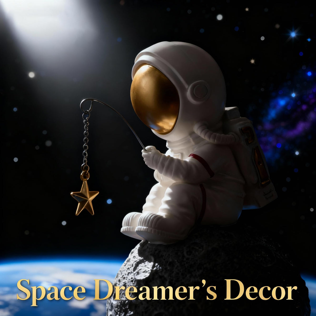Room Decor- Astronaut Fishing Star on Moon Sculpture, Resin Space Figure for Modern Home/Office, Desk Decor for Men, Shelf Display, Unique Gift for Theme Enthusiasts and Collectors (Golden Star)