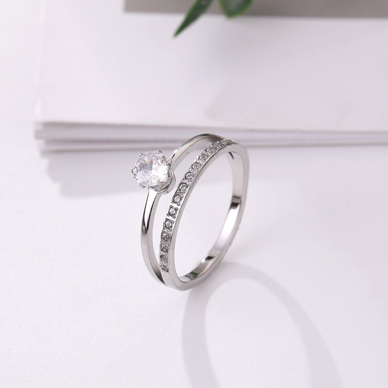Korean-style Geometric Design Elegant Double-layer Zircon Ring