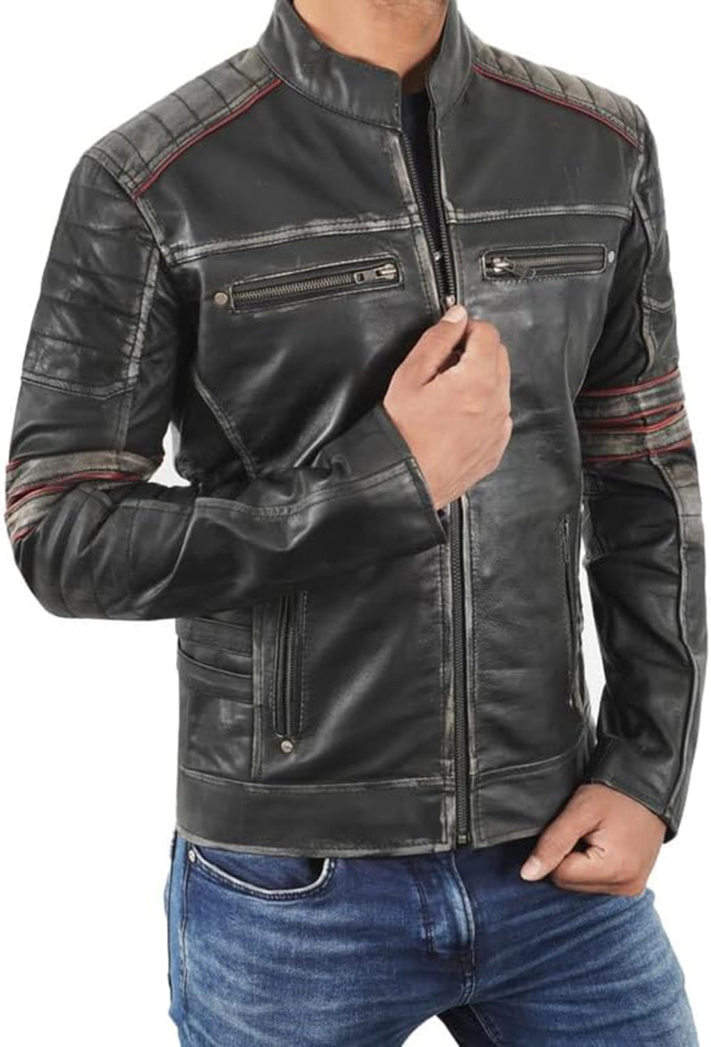 Distressed Vintage Cafe Racer Leather Jacket