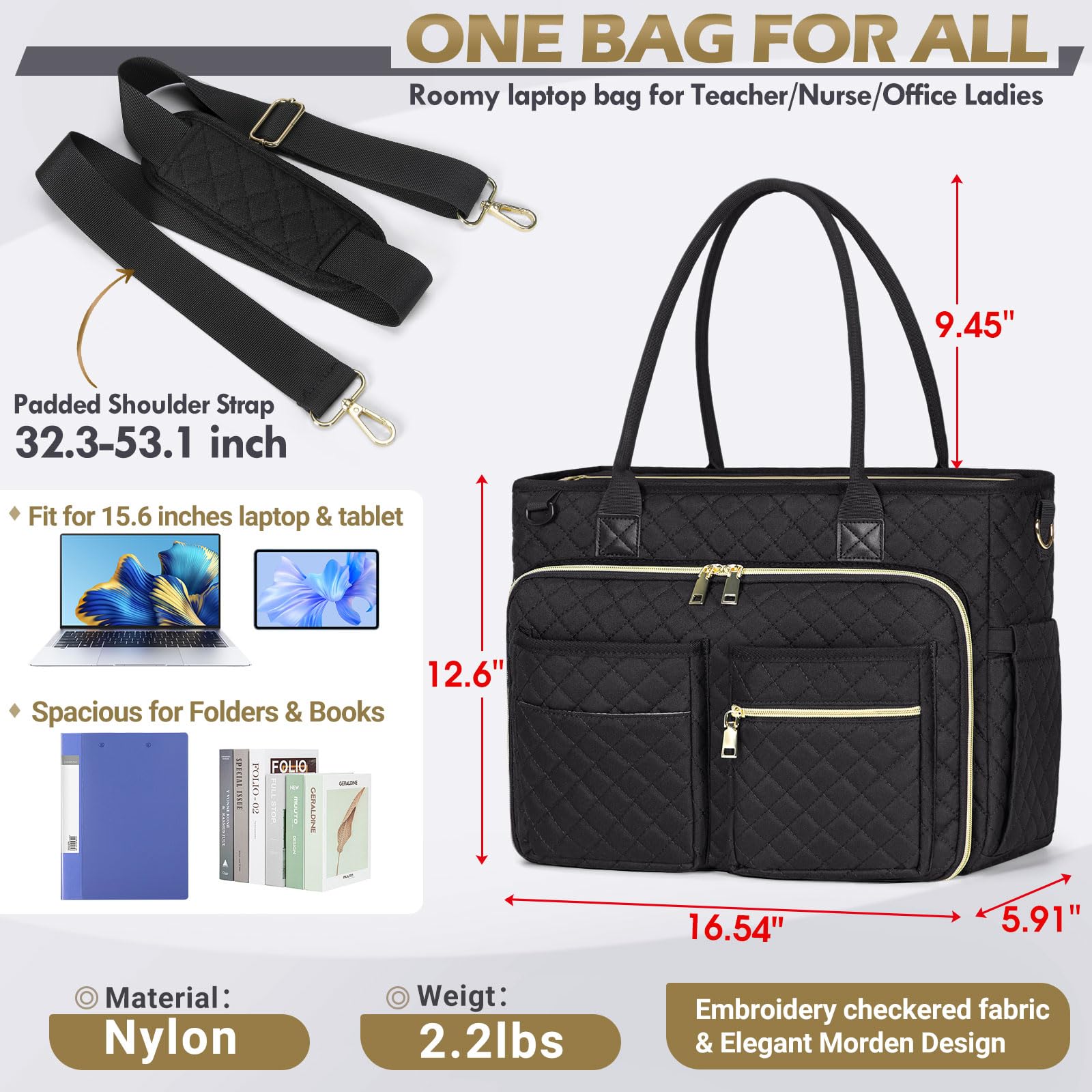 RAINSMORE Teacher Tote Bag 15.6 inch Laptop Bag for Women Work Bags Laptop Tote Nurse Bag Professional Computer Messenger with Insulated Pocket, Laptop Briefcase for Office, College, Nursing, Black