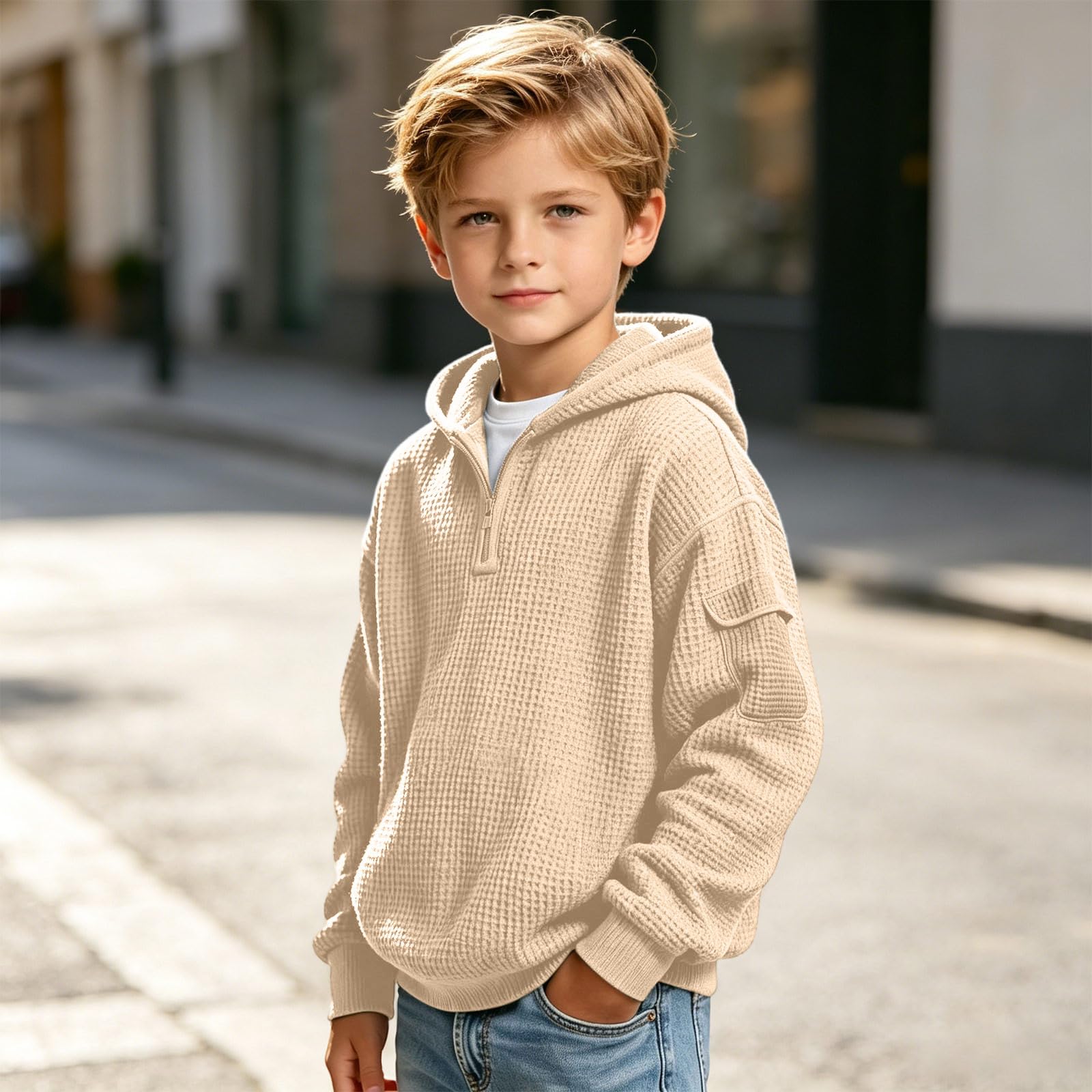Sudadera con capucha de punto gofrado con cremallera corta para niño