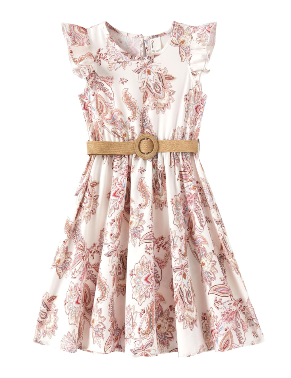 PATPAT Vestido bohemio floral con cinturón para niñas, manga con volantes, color albaricoque, 4-5 años