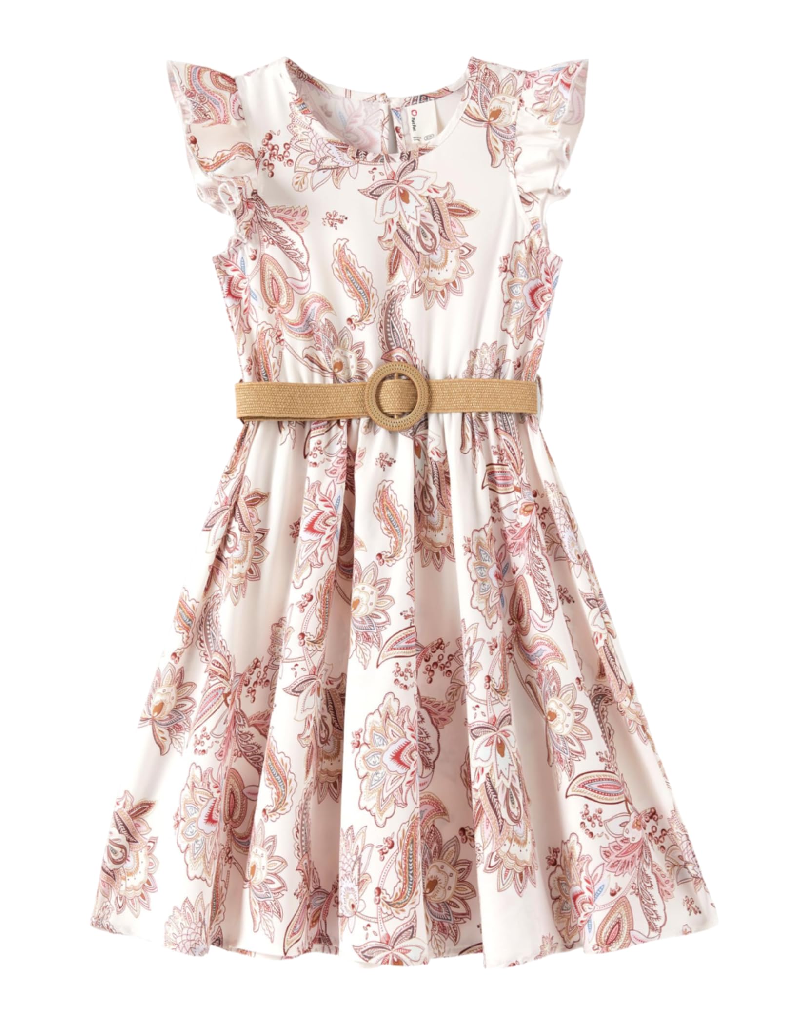 PATPAT Vestido bohemio floral con cinturón para niñas, manga con volantes, color albaricoque, 4-5 años